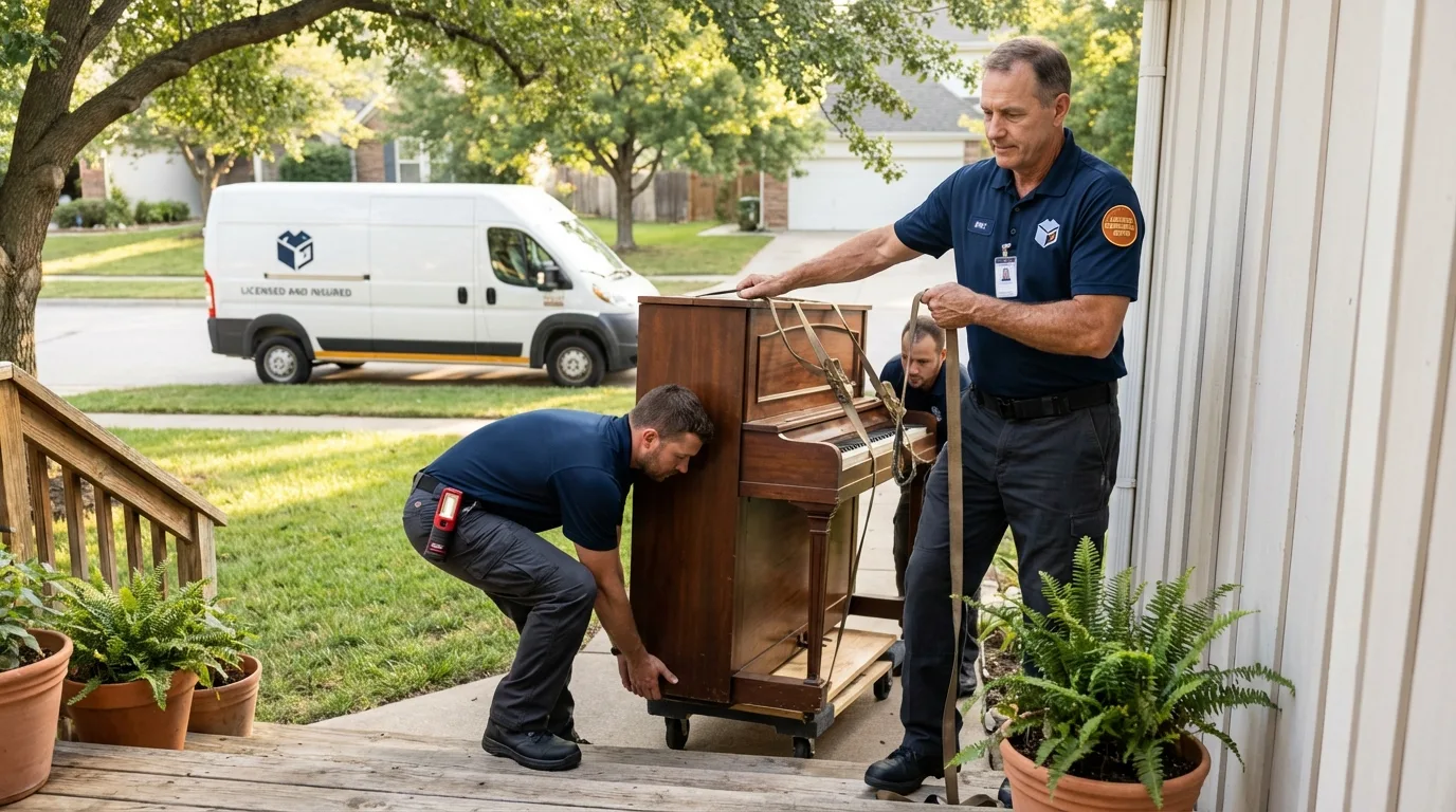Licensed piano movers securing grand piano in Florence, MS